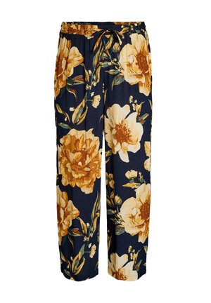 Pantaloni floreali con sfondo blu scuro e grandi fiori gialli, realizzati in tessuto leggero, con vita elastica e coulisse.