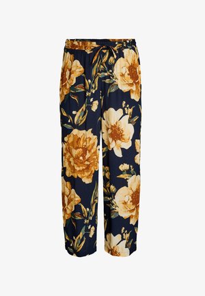 Florale Hose mit dunkelblauem Hintergrund und großen gelben Blumen, aus leichtem Stoff, mit elastischem Bund und Kordelzug.