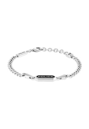Pulsera de cadena de plata con placa central negra que muestra la palabra "POLICE" y cierre de langosta con eslabones ajustables.