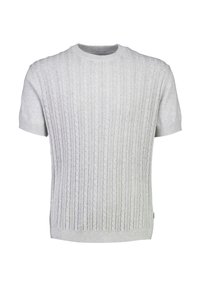 Ανοιχτό γκρι πουλόβερ με κοντά μανίκια, διαθέτει ριμπ πλεκτό μοτίβο με σχέδιο καλωδίων, λαιμόκοψη crew και υφή με ανάγλυφη τελείωμα. Μαλακό υλικό με εφαρμοστή γραμμή.