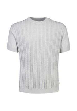 Pull à manches courtes gris clair avec un motif en maille torsadée côtelée, col rond et finition texturée. Matière douce avec une coupe ajustée.