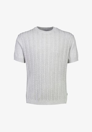 Pull à manches courtes gris clair avec un motif en maille torsadée côtelée, col rond et finition texturée. Matière douce avec une coupe ajustée.