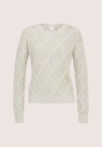 Cremefarbenes Strickpullover mit rautenförmigem Lochmuster, langen Ärmeln sowie gerippten Bündchen und Saum.