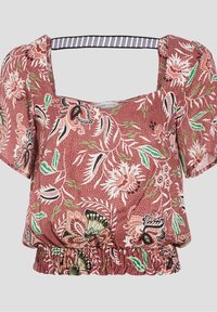 Rote Bluse mit floralen Mustern, kurzen Puffärmeln, quadratischem Ausschnitt und elastischem Bund. Das Muster zeigt grüne Blätter und schwarze Akzente.
