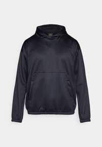 Felpa con cappuccio blu scuro, realizzata in tessuto morbido e leggero. Presenta una tasca frontale e polsini e bordo elasticizzati.