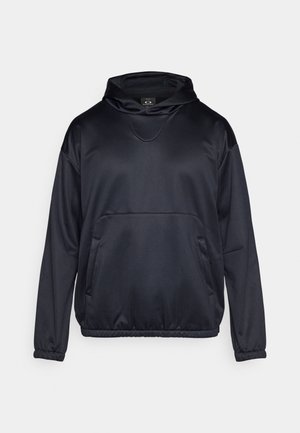 Felpa con cappuccio blu scuro, realizzata in tessuto morbido e leggero. Presenta una tasca frontale e polsini e bordo elasticizzati.