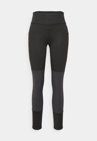 Zwarte sportleggings met een hoge tailleband, voorzien van een gemêleerd ontwerp, contrasterende grijze panelen, zijzakken en aansluitende boorden.