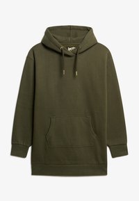 Hoodie vert olive en matériau doux, avec une poche frontale, des poignets côtelés et une capuche à cordon de serrage avec des accents en métal.