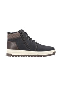 Sneakers alte in pelle nera con un accento marrone e colletto in tessuto texturizzato. Presentano una cerniera laterale e una suola robusta per una migliore aderenza.