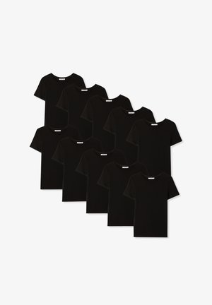 Magliette di cotone nere in un pacco da dieci, con maniche corte, scollo rotondo e una texture liscia. Design uniforme senza motivi visibili.
