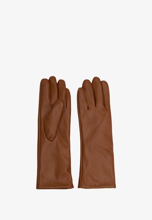 Braune Lederhandschuhe mit einer glatten Textur, ausgestattet mit fünf Fingern und einem körpernahen Design. Akzente umfassen eine minimale Markenkennzeichnung am Handgelenk.