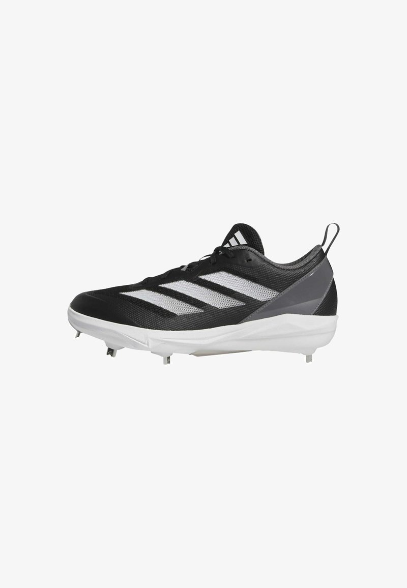 Black and gray athletic shoe with a mesh upper, three white stripes on the side, and a white sole featuring metal spikes for traction.