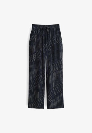 Navy blue wide-leg trousers with a zigzag pattern in beige, featuring an elastic waistband and drawstring for adjustability. Soft fabric texture.