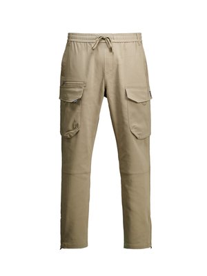 Pantalones cargo beige con cintura ajustable con cordón, múltiples bolsillos laterales y detalles con cremallera. Hechos de tela duradera, con un diseño de pierna recta.