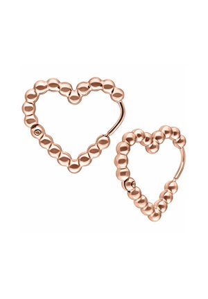 Rose gold heart-shaped earrings feature a beaded design with a glossy texture. The hoops are lightweight and open at the bottom for easy wear.