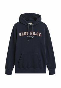 Dunkelblaues Hoodie mit einer Kängurutasche, Kapuze mit Kordelzug und weißem/rotem Text "GANT NH. CT. SPORTS CLUB" auf der Brust.