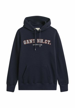 Navyblauwe hoodie met een kangoeroezak, trekkoordcapuchon en witte/rode tekst "GANT NH. CT. SPORTS CLUB" op de borst.