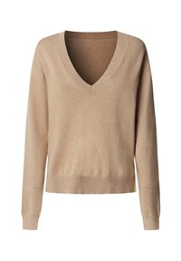 Pull beige à manches longues en maille avec un col en V profond, des poignets et un ourlet côtelés, conçu pour une coupe décontractée.