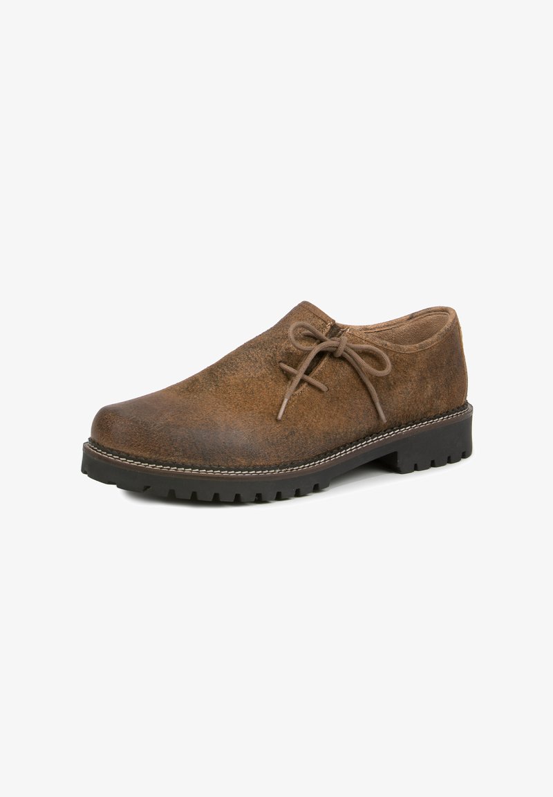 Brown leather shoe with lace-up design, round toe, textured surface, and rugged black rubber sole with traction grooves.