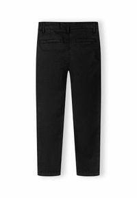 Pantalons en coton noirs à coupe droite, avec quatre poches et une texture lisse. La taille est dotée de passants de ceinture, avec un design épuré et minimal.