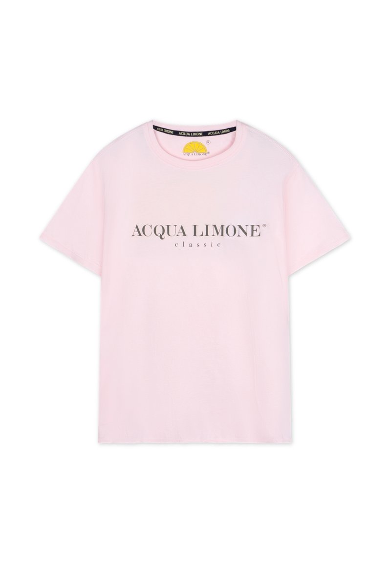 Rosa bomull t-shirt med korta ärmar och rund halsringning. Framsidan har texten "ACQUA LIMONE classic" i mörk tryck.