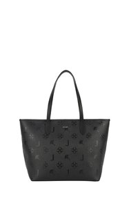 Borsa a spalla nera realizzata in materiale sintetico goffrato, con un motivo floreale ripetuto e il simbolo "J", due manici resistenti e una chiusura a zip.
