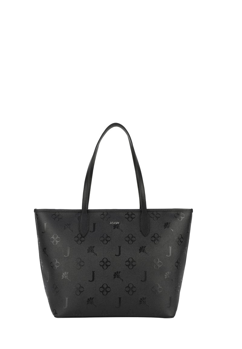Borsa a spalla nera realizzata in materiale sintetico goffrato, con un motivo floreale ripetuto e il simbolo "J", due manici resistenti e una chiusura a zip.