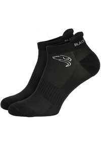 Schwarze Knöchel-Socken aus Strickmaterial, mit verstärktem Fersen- und Zehenbereich, strukturierten Abschnitten und dem Wort "BLACK" in Weiß.