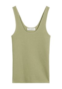 Olive green tank top made of ribbed fabric with wide straps and scoop neckline; features a small label at the neck with brand name.