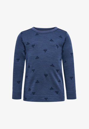 Dunkelblaues Langarmshirt mit einem geprägten Muster aus kleinen, symmetrischen Formen in der gesamten Fläche. Weicher Stoff mit Rundhalsausschnitt.