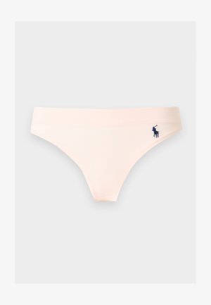 Light peach women's bikini underwear with a small dark blue embroidered horse and rider logo on the right hip.