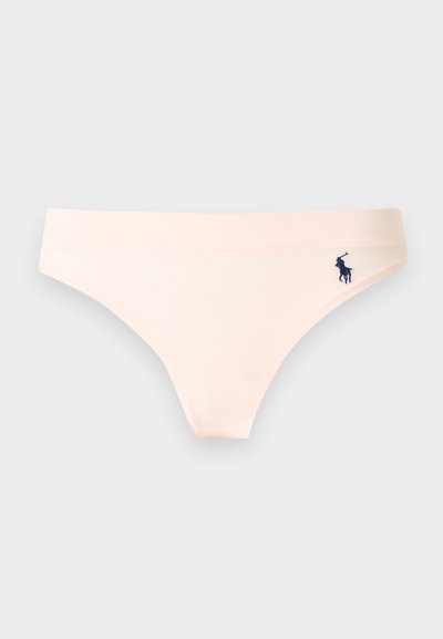 Γυναικείο μαγιό μπικίνι σε ανοιχτό ροδακινί χρώμα με ένα μικρό σκούρο μπλε κεντημένο λογότυπο με άλογο και ιππέα στο δεξί ισχίο.