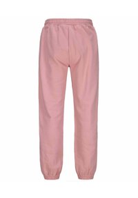 Pantalones de chándal rosa claro con una cintura elástica y dobladillos ajustados. Fabricados con un tejido suave y texturizado, presentan un diseño sencillo de pierna recta.