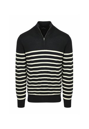 Schwarzer Herrenpullover mit weißen horizontalen Streifen, Halbreißverschluss-Kragen, gerippten Bündchen und Bund.