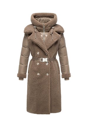 Ruskohi faux fur -materiaalista valmistettu ja pehmustettu takki, jossa on korkea kaulus, kaksiriviset napit, vyötäröllä vyö ja hihansuissaan käänteet. Teksturoitu kangas ja lämmin muotoilu.