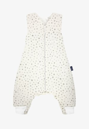 Ärmelloser Babyschlafsack aus weichem cremefarbenem Stoff, mit grauen Punktmustern, einem Reißverschluss auf der Vorderseite und umgeschlagenen Knöcheln für Komfort und Wärme.