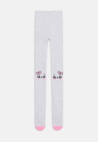 Gray leggings with a soft texture, featuring pink accents and playful cartoon faces with bows on the lower legs.