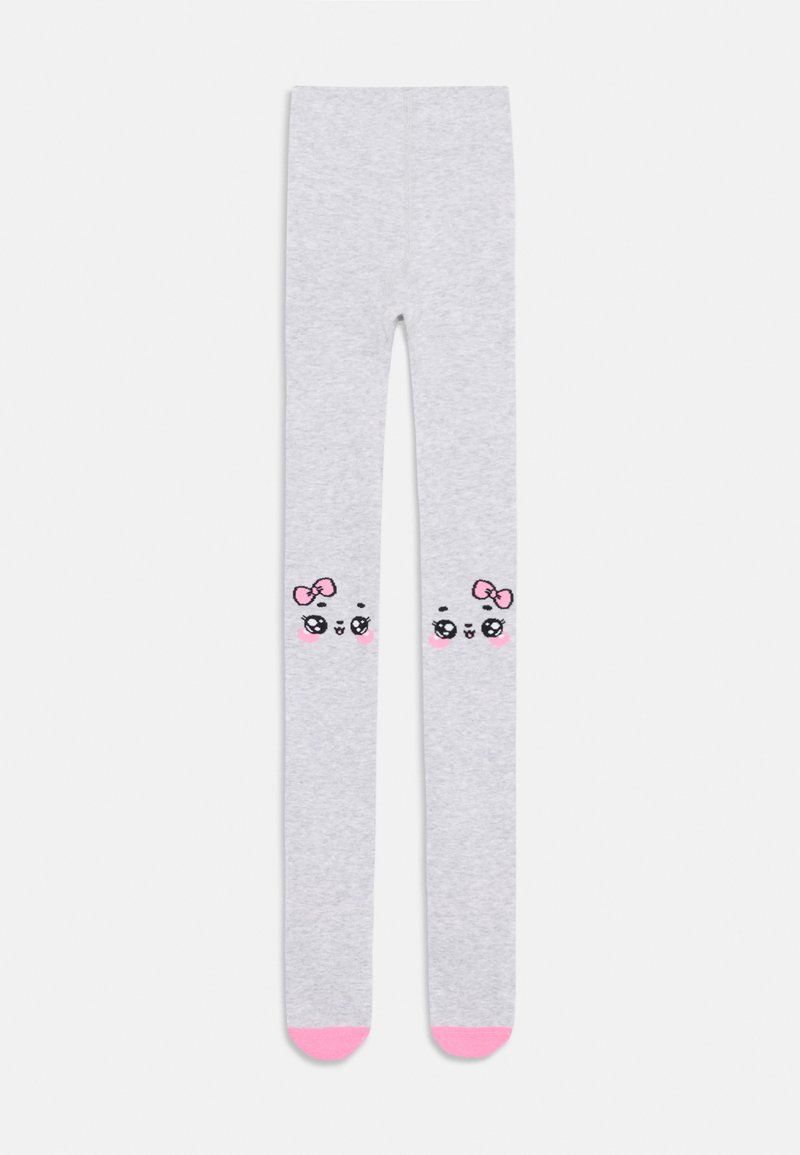 Gray leggings with a soft texture, featuring pink accents and playful cartoon faces with bows on the lower legs.