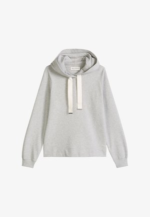 Hellgrauer Kapuzenpullover mit weißen Kordeln und gerippten Bündchen, mit einem dezenten Logo nahe dem unteren Saum.