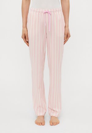 Rosa och vita randiga pyjamasbyxor med dragsko i midjan, tillverkade av mjukt material och med en lös passform för komfort.