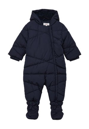 Combinaison de neige matelassée bleu marine pour bébé avec capuche, manches longues, fermeture éclair frontale et couvre-pieds attachés pour une protection hivernale complète.
