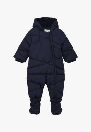 Combinaison de neige matelassée bleu marine pour bébé avec capuche, manches longues, fermeture éclair frontale et couvre-pieds attachés pour une protection hivernale complète.