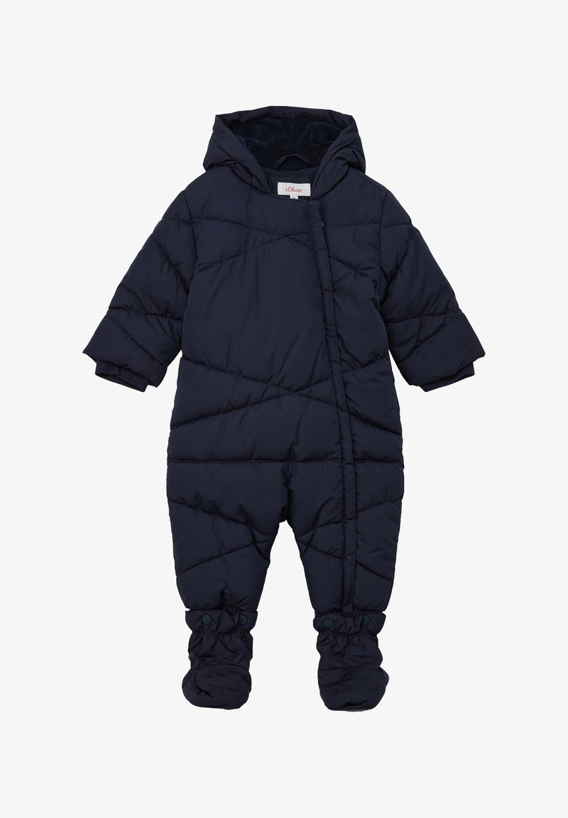Combinaison de neige matelassée bleu marine pour bébé avec capuche, manches longues, fermeture éclair frontale et couvre-pieds attachés pour une protection hivernale complète.