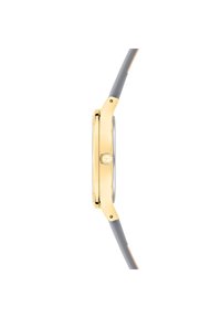 Goldfarbener Edelstahl-Uhrgehäuse mit grauem Lederarmband. Rundes Zifferblatt mit minimalistischem Design und einer Krone um 3 Uhr.