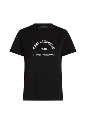 Zwarte katoenen t-shirt met witte tekst: "KARL LAGERFELD PARIS 21 RUE ST-GUILLAUME." Klassieke ronde hals ontwerp met korte mouwen.