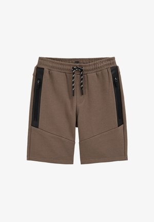 Braune knielange Shorts mit elastischem Bund, schwarzer Kordel und schwarzen Seiten taschen mit Reißverschluss.