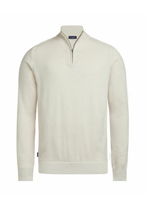 Light cream pullover sweater made of knit fabric, featuring a half-zip collar, long sleeves, and a ribbed hem with logo detail at the side.