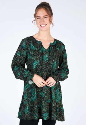 Langärmlige Tunika aus schwarzem Stoff mit grünem Blumenmuster, mit V-Ausschnitt und gerafftem Saum.