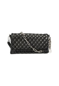 Černá prošívaná kožená kabelka obdéln�íkového tvaru, se stříbrným řetězovým uchopem a malou přívěškem. Texturovaný povrch s diamantovým vzorem.