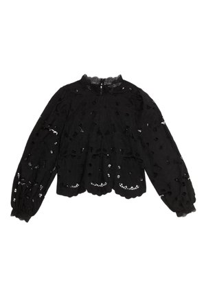 Zwarte blouse met lange mouwen, voorzien van geborduurde bloemenuitsparingen, een hoge kanten kraag en gerimpelde manchetten voor een textuurrijke uitstraling.